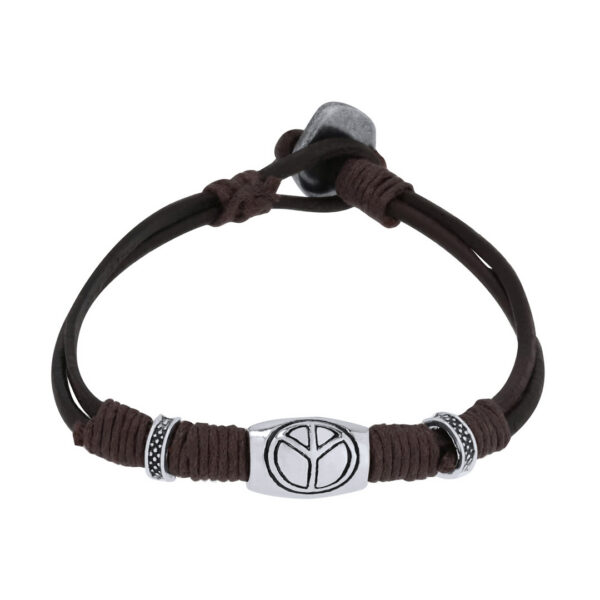 Braunes Lederarmband mit gewachsten Kordeln, Friedenssymbol und silberfarbenen Details