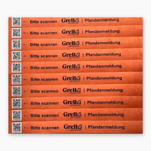 Orange Tyvek ID bands with QR code and unique serial number, printed for deposit registration in food wholesale logistics