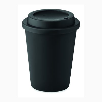 Genanvendelig kaffekop med dobbelt væg til at tage med, med låg og trykt med et logo